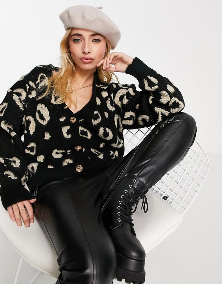 Topshop Knitted Animal Print Boxy Cardigan In Multi