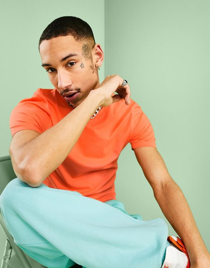 Asos Design Organic Muscle Fit T-shirt With Crew Neck In Bright Orange