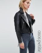 Asos Petite Ultimate Leather Biker Jacket With Quilt Hem Detail - Black