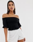 Fashion Union Ruched Crop Top With Balloon Sleeves In Crinkle - Black