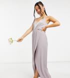 Tfnc Petite Bridesmaid Satin Halterneck Top Maxi Dress In Gray-grey