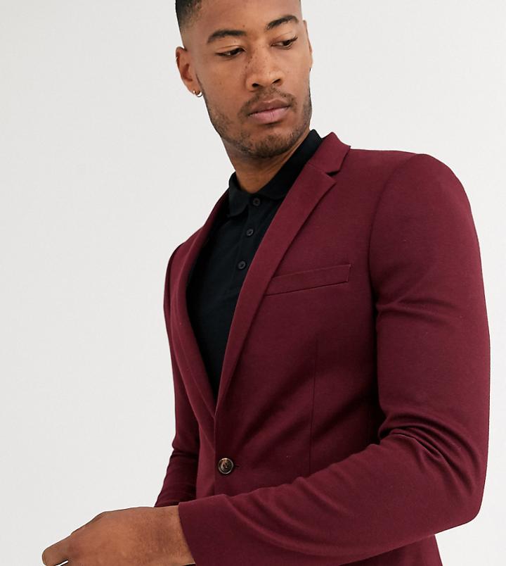 Asos Design Tall Super Skinny Jersey Blazer In Burgundy-red
