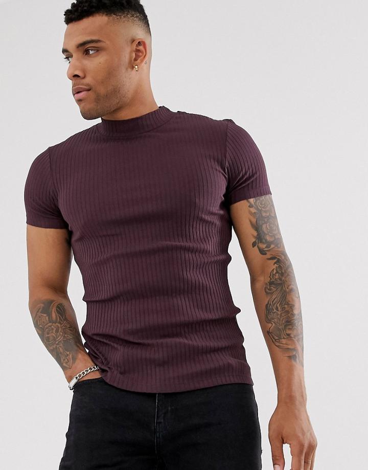 Asos Design Muscle Fit Ribbed Turtleneck In Dark Purple-red