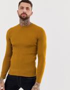 Asos Design Muscle Fit Ribbed Sweater In Mustard - Yellow