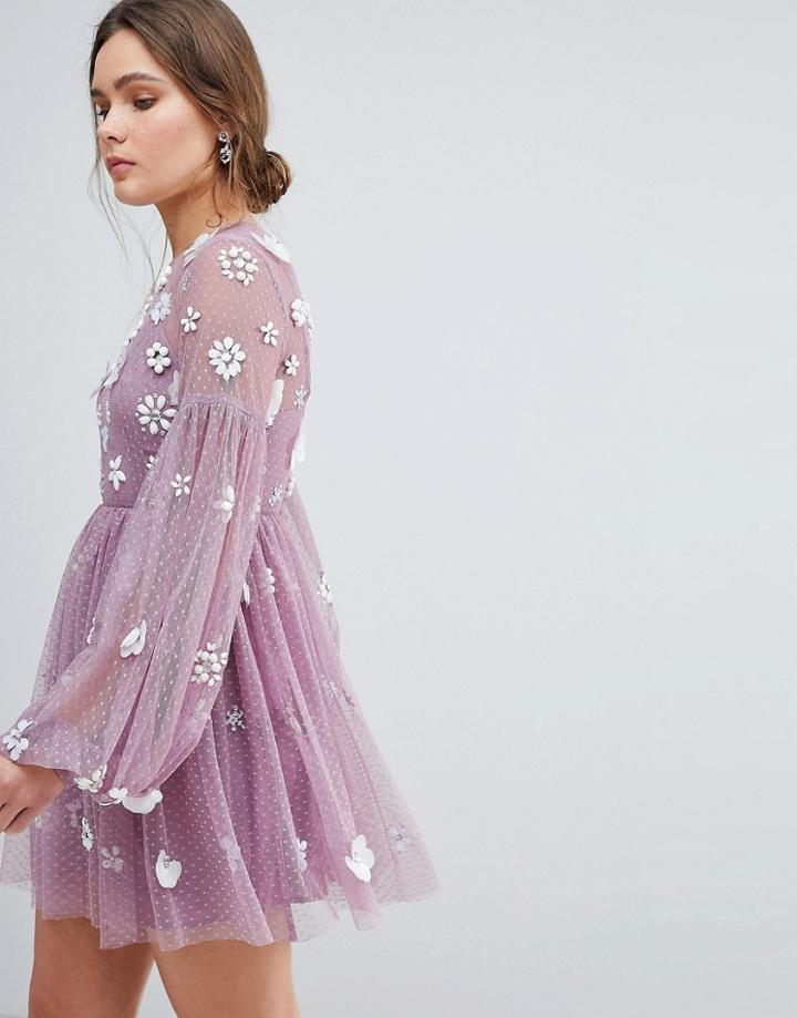 Asos Floral Cluster Embellished Balloon Sleeve Mini Dress - Purple