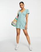 Asos Design Bubble Crepe Cap Sleeve Tea Button Front Romper In Sage-green