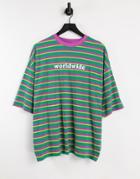 Asos Design Oversized Organic Stripe T-shirt With Front Text Print-multi