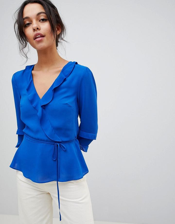 Oasis Wrap Front Tie Waist Blouse - Blue