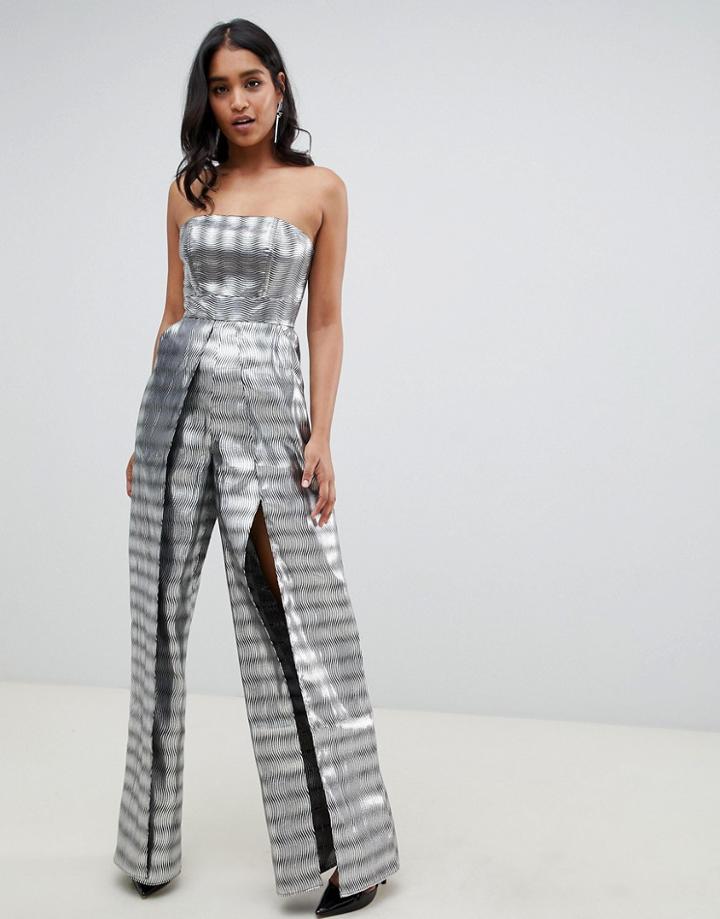 Asos Design Structured Bandeau Jumpsuit Wih Split Leg In Silver Jacquard - Silver