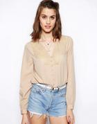 Asos Blouse With V Neck And Lace Insert Placket - Pink