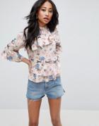 Asos Asymetric Ruffle Blouse In Floral Print With Contrast Lace Up - Multi