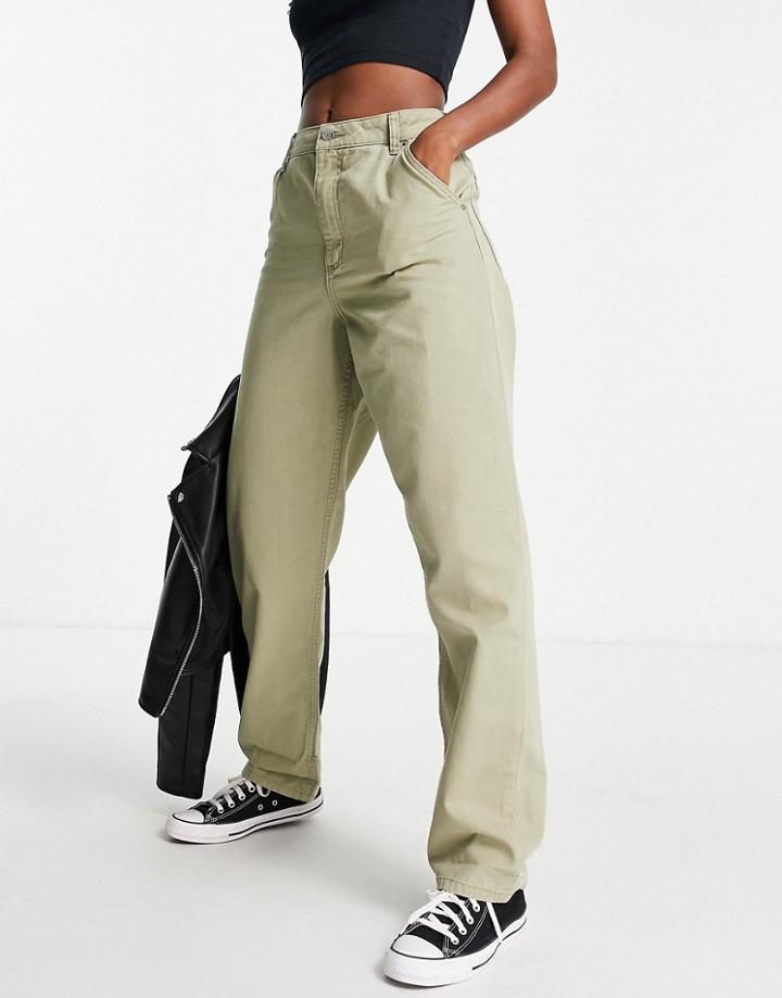 Asos Design Slouchy Straight Leg Pants In Khaki-green