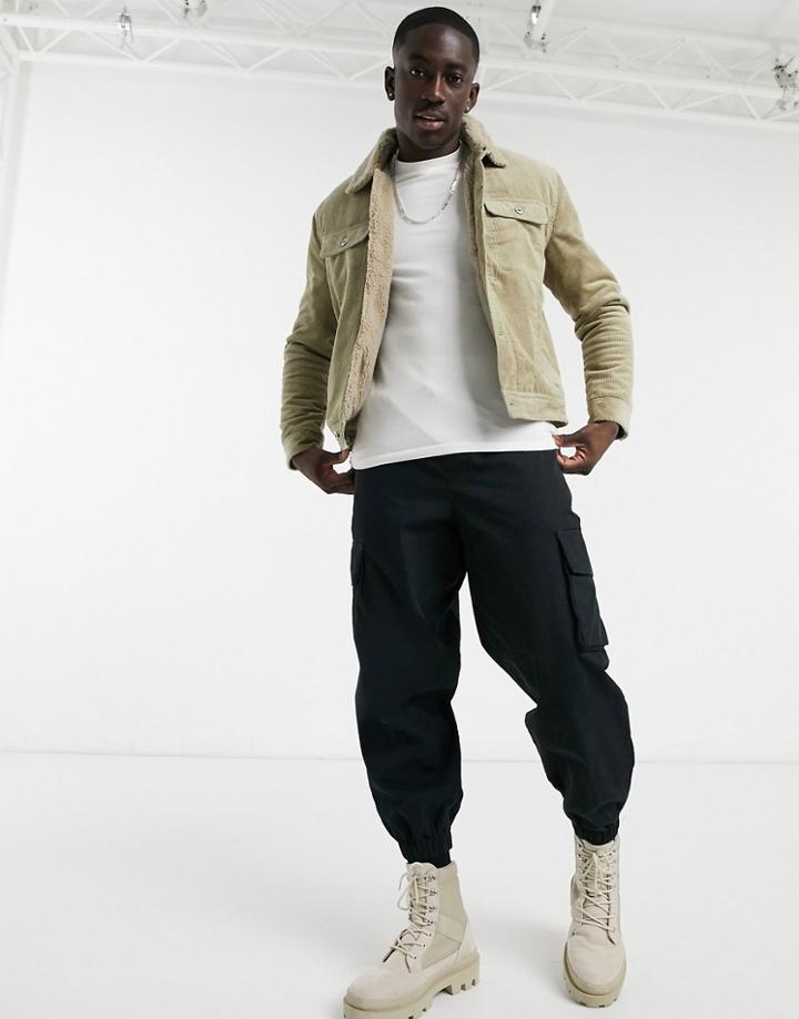 Bershka Cord Trucker Jacket With Teddy Collar In Beige-neutral