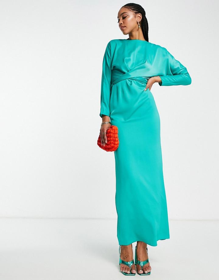 Asos Design Maxi Dress With Batwing Sleeve And Wrap Waist In Green Satin