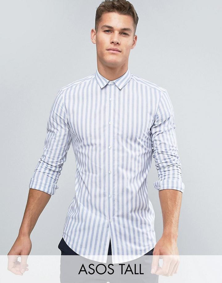 Asos Tall Slim Stripe Shirt With Stretch In Blue - Blue