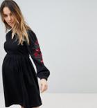 Asos Design Maternity Denim Smock Dress In Washed Black With Embroidery - Black
