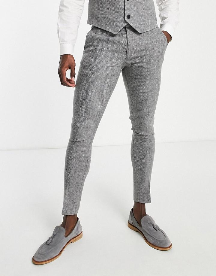 Asos Design Super Skinny Wool Mix Suit Pants In Charcoal Herringbone-gray