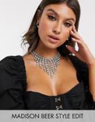 Asos Design Statement Necklace With Crystal Drops In Silver Tone - Silver