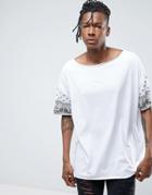 Asos Super Oversized T-shirt With Raw Neck & Geo-tribal Sleeves - White