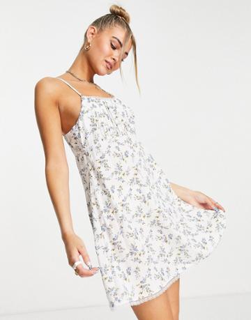 Daisy Street 90s Cami Mini Dress With Ruched Bust In Blue Ditsy Floral-multi