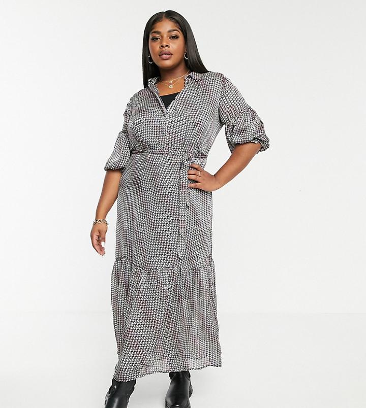 Vero Moda Curve Maxi Dress With Drop Hem In Houndstooth-white
