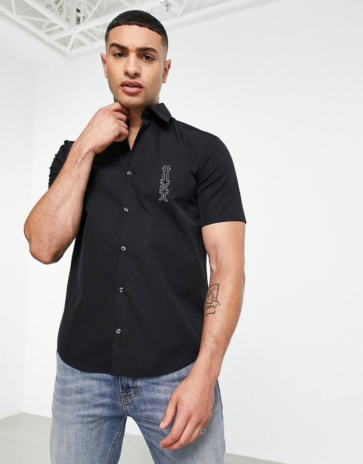 Hugo Ermino Slim Fit Short Sleeve Shirt With Contrast Logo In Black
