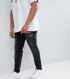 Asos Plus Skinny Jeans In 12.5oz With Mega Rips In Washed Black - Black