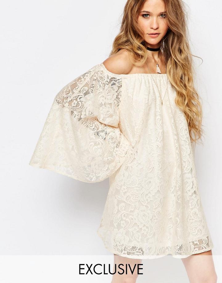 Reclaimed Vintage Off Shoulder Dress With Flute Sleeves In Nude Lace - Nude
