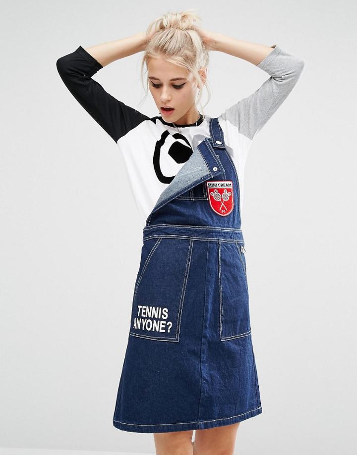 Mini Cream Overall Dress In Denim With Badge Details - Blue