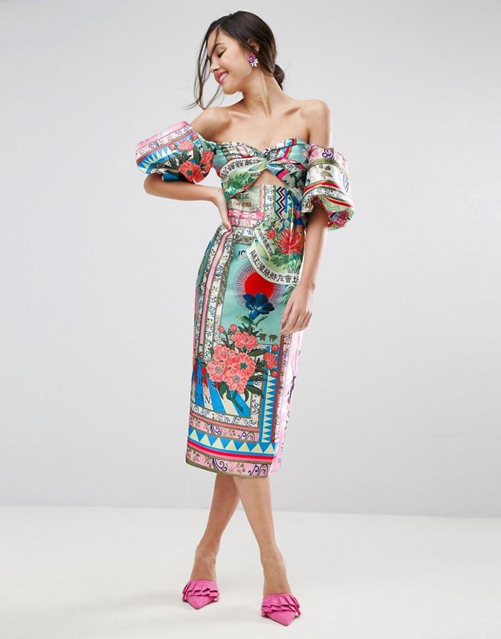 Asos Havana Extreme Sleeve Pencil Midi Dress - Multi