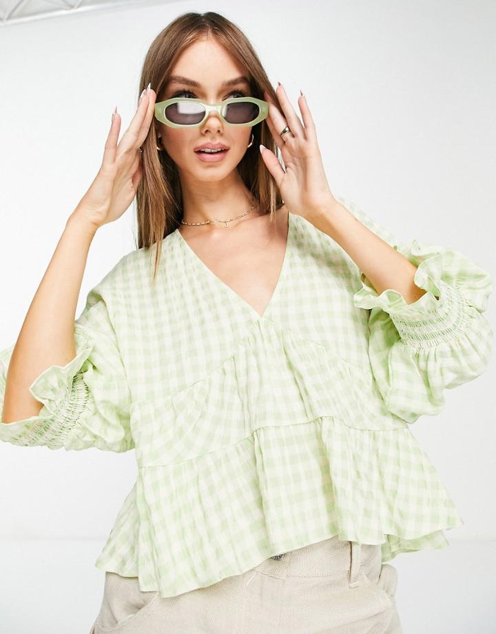 Asos Design Tiered Seersucker Smock Top In Mint Gingham-green