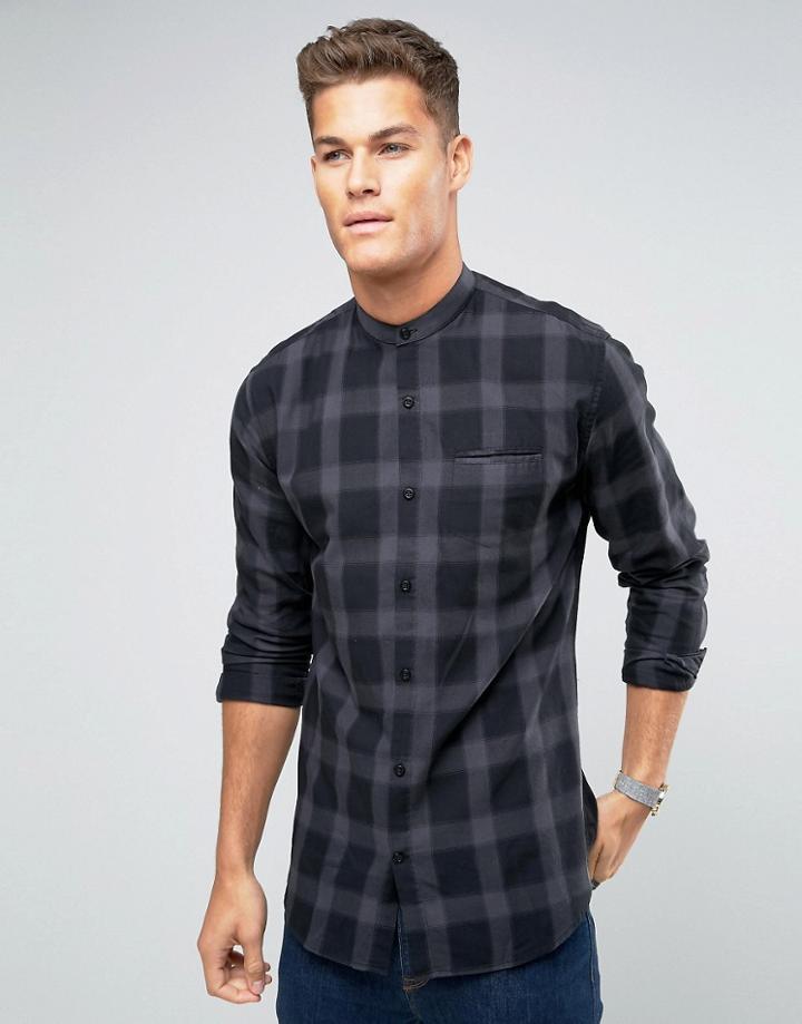 Lindbergh Shirt Regular Fit With Grandad Collar In Gray Check - Gray