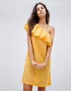 Warehouse Ruffle One Shoulder Dress - Yellow