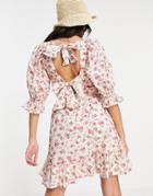 New Look Tie Back Shirred Smock Dress In White Floral