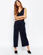 Asos Minimal Jumpsuit In Self Stripe With V Neck - Navy