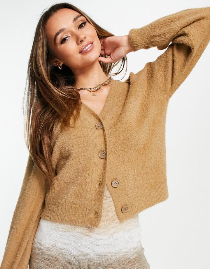 Vila Fluffy Knit Coordinating Cardigan In Tan-brown