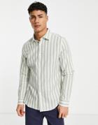 Asos Design Regular Linen Stripe Work Shirt In Sage Green