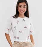 Asos Design Petite Boxy T-shirt With All Over Ditsy Embroidery In White - White
