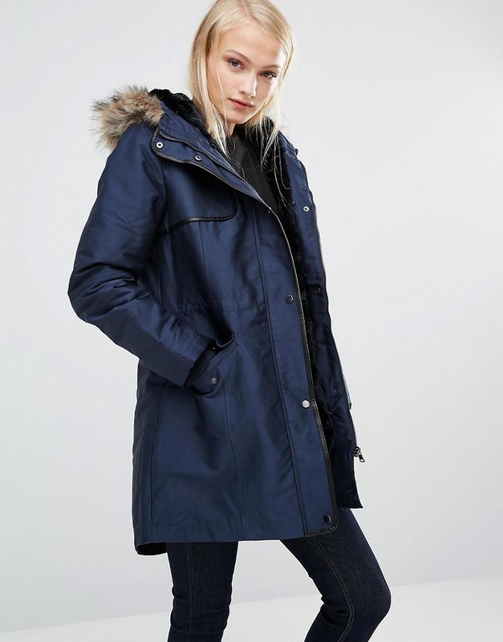 Oasis Parka Jacket With Fur And Leather Look Trim - Navy