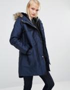 Oasis Parka Jacket With Fur And Leather Look Trim - Navy