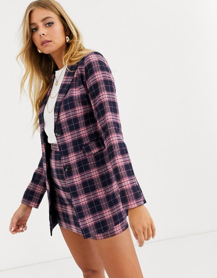 Heartbreak Longline Boyfriend Blazer In Navy And Pink Check
