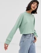 Monki Long Sleeve Crop Sweatshirt In Sage Green - Green