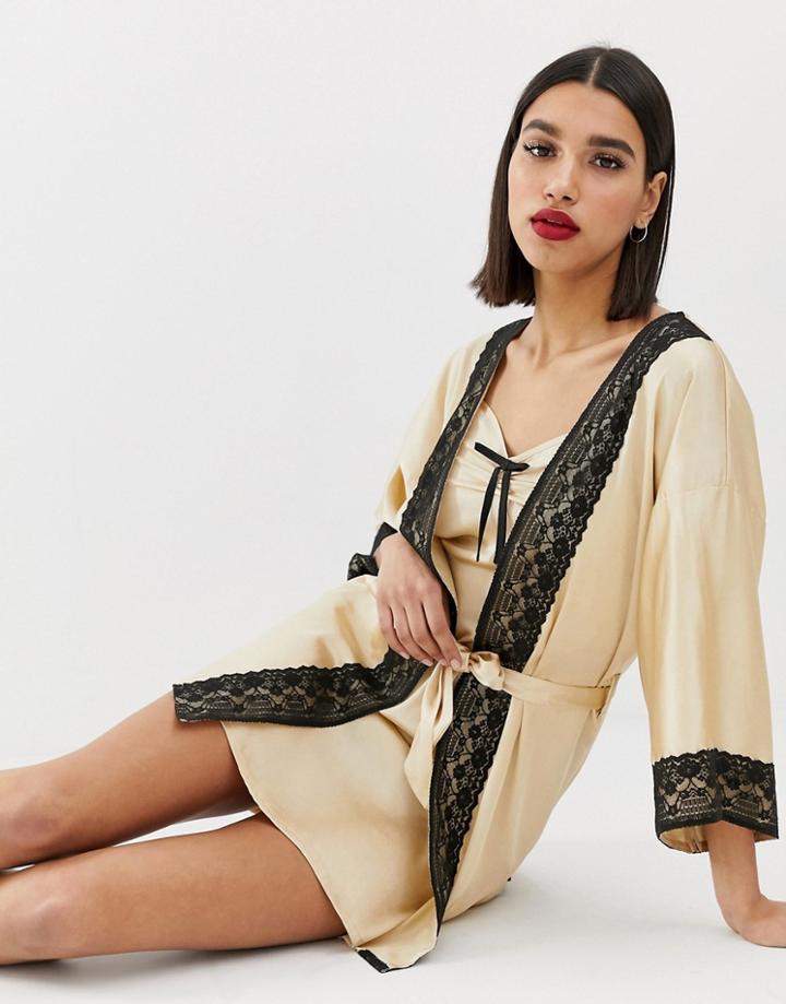 Prettylittlething Valentines Kimono Robe With Lace Trim In Cream - Cream