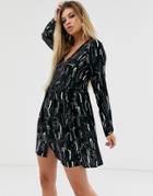 Asos Design Smock Mini Dress With Button Through In Abstract Print