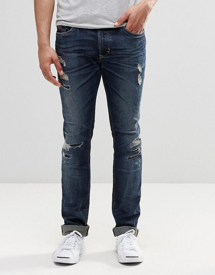 Diesel Thavar Slim Jeans 854t Dna Heavy Distressed Repair Dark Wash - Dark Wash