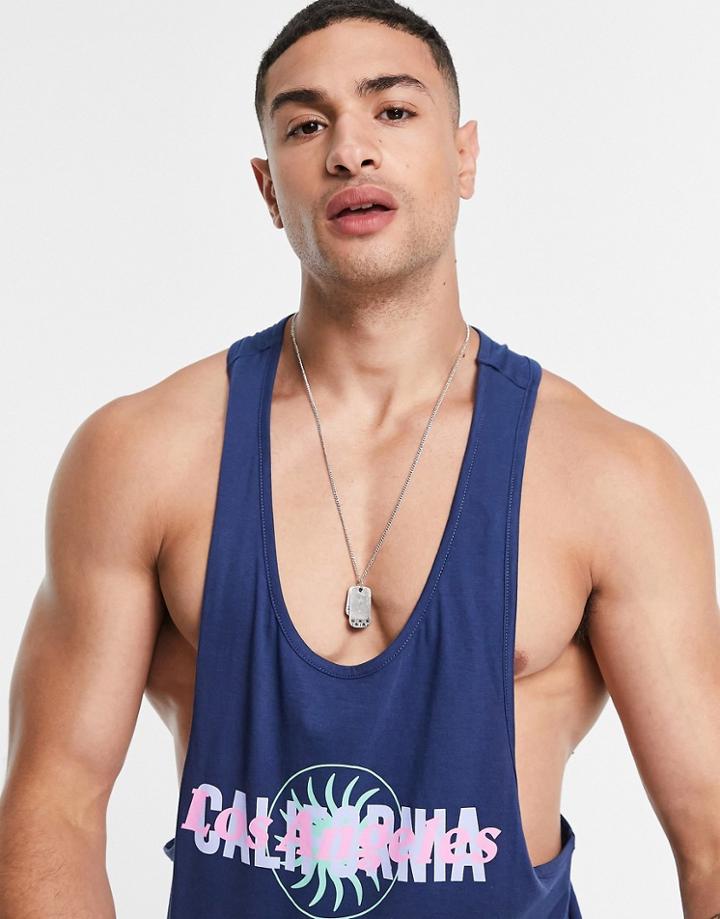 Asos Design Racer Back Tank In Navy Organic Cotton With California Print-blues