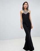 City Goddess Criss Cross Embellished Neckline Maxi Dress - Black