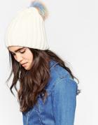 7x Knitted Beanie Hat With Rainbow Faux Fur Pom Pom - Cream