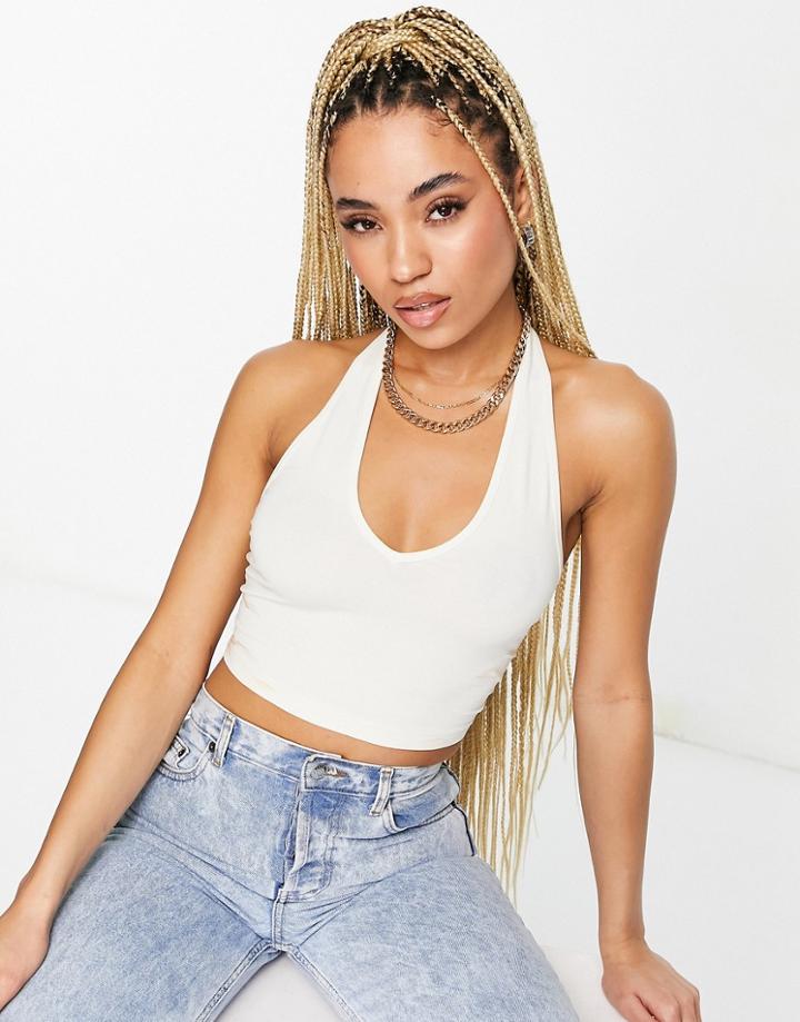 Asos Design Halter Neck Crop Top In Cream-white