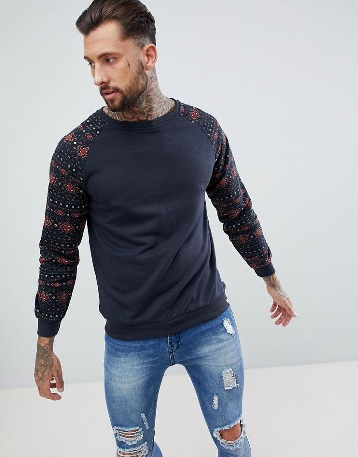 Soul Star Geo-tribal Print Sleeve Crew Neck Sweat - Navy